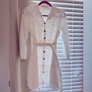ZARA White eyelet long sleeve dress. Flounce hem.